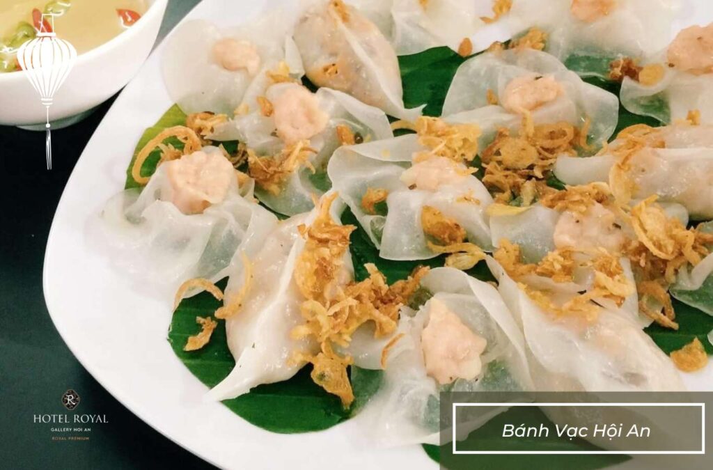 Banh vac is made from rice flour, filled with shrimp and pork, then steamed until translucent.