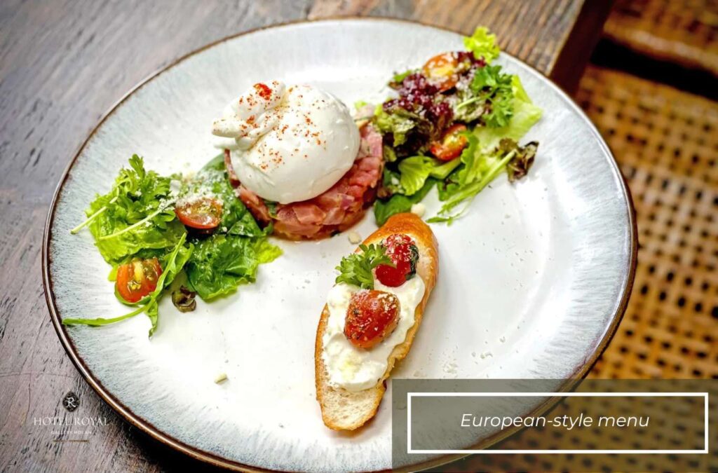 The European-style menu includes renowned cuisines from France, Italy, Spain, Germany, Greece, and the UK