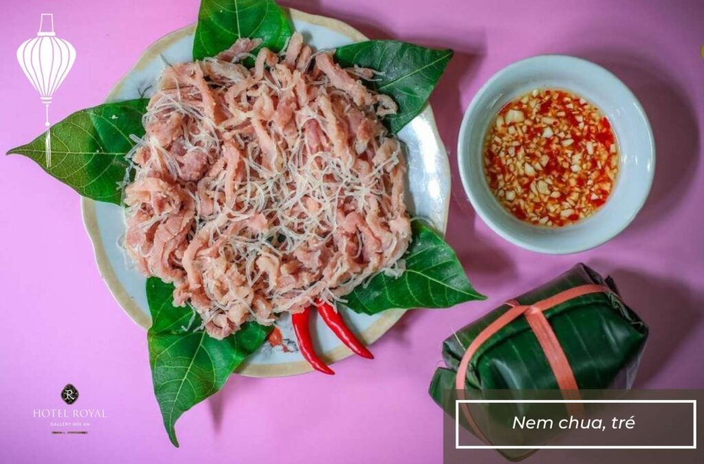 Nem chua and tre have a mildly sour, spicy, and savory taste